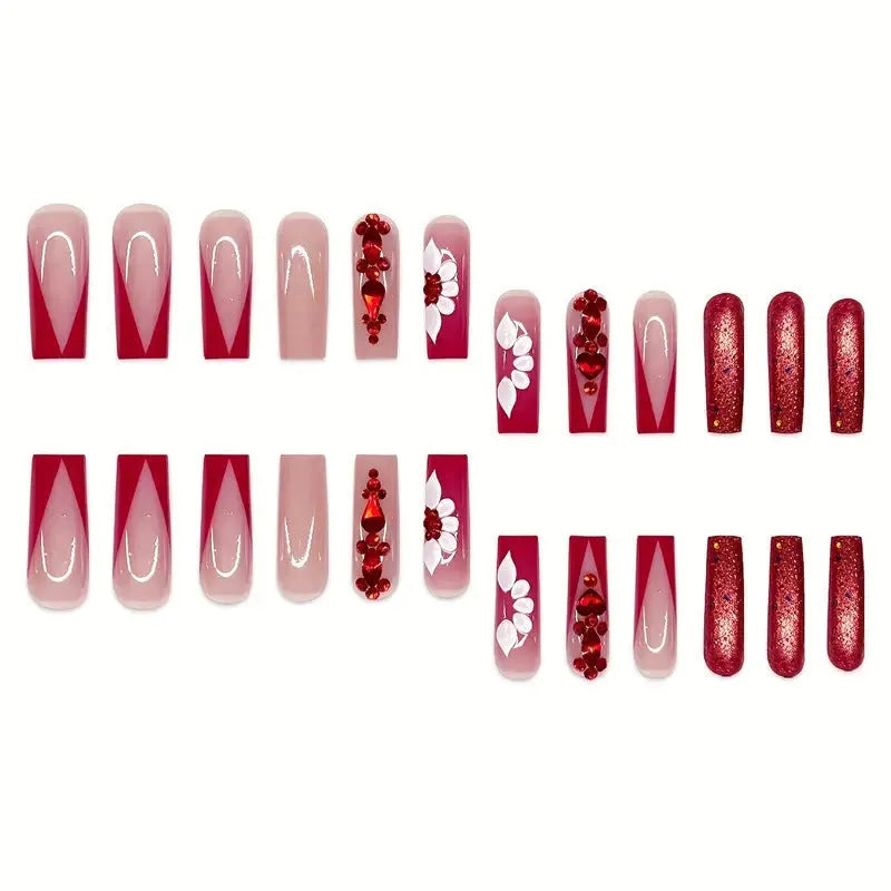 Floral press-on fake nails with prismatic red diamond accents in European square long shape