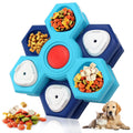 Blue 4-layer plastic puzzle slow feeder dog bowl on floor, assembled with non-slip base