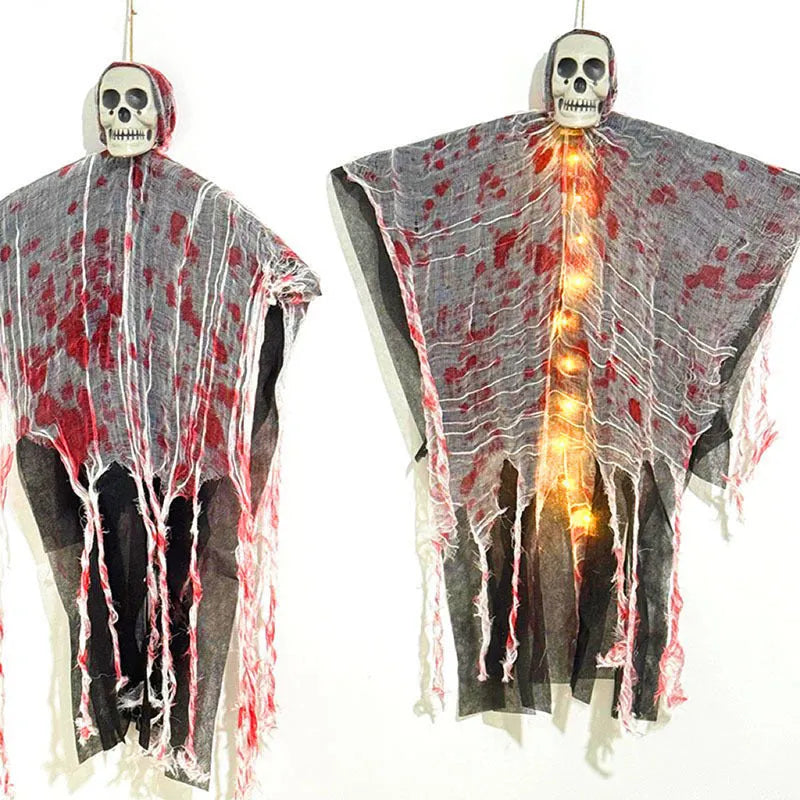 Plastic blood-dyed luminous skull ghost Halloween hanging ornament for outdoor use.