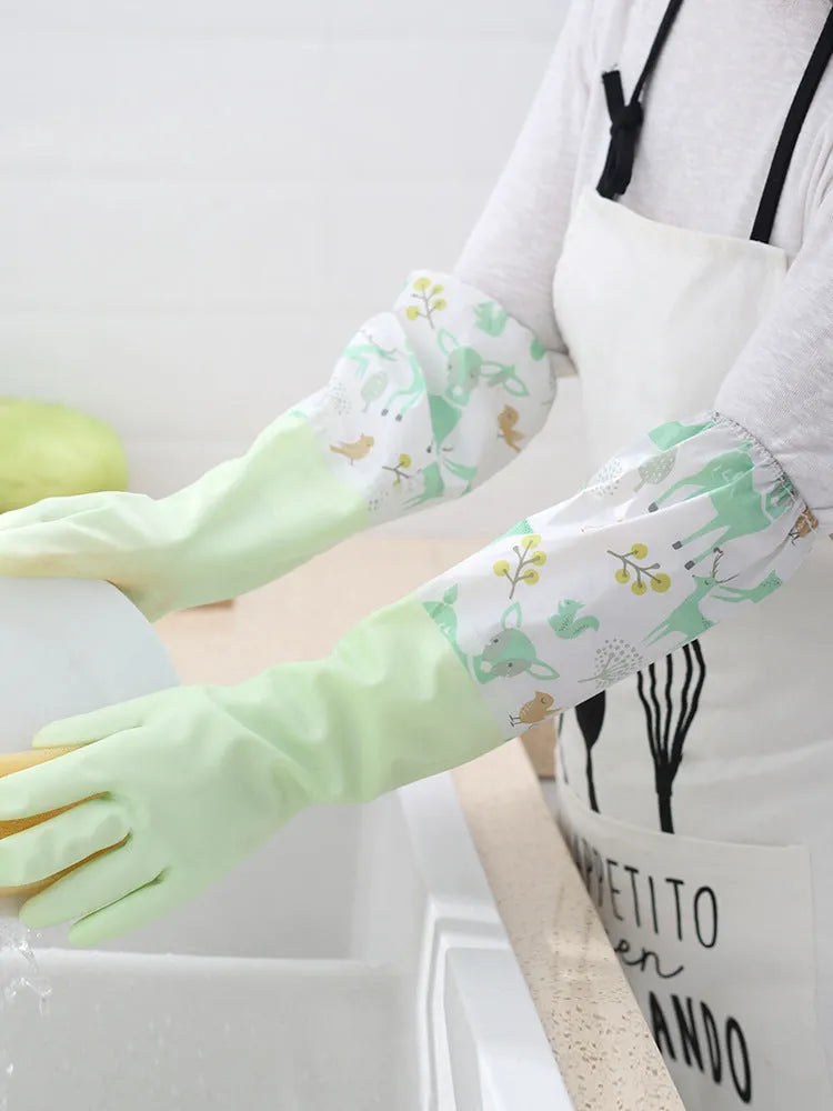 PVC waterproof cleaning gloves in Nordic blue with drawstring single layer collar