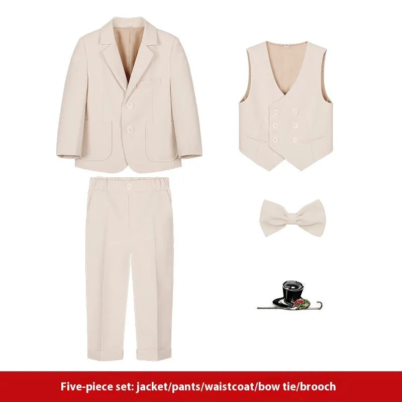 Boys British solid colour suit dress set with single-breasted jacket, long sleeves, vest, bow tie, and brooch in beige blue or gray