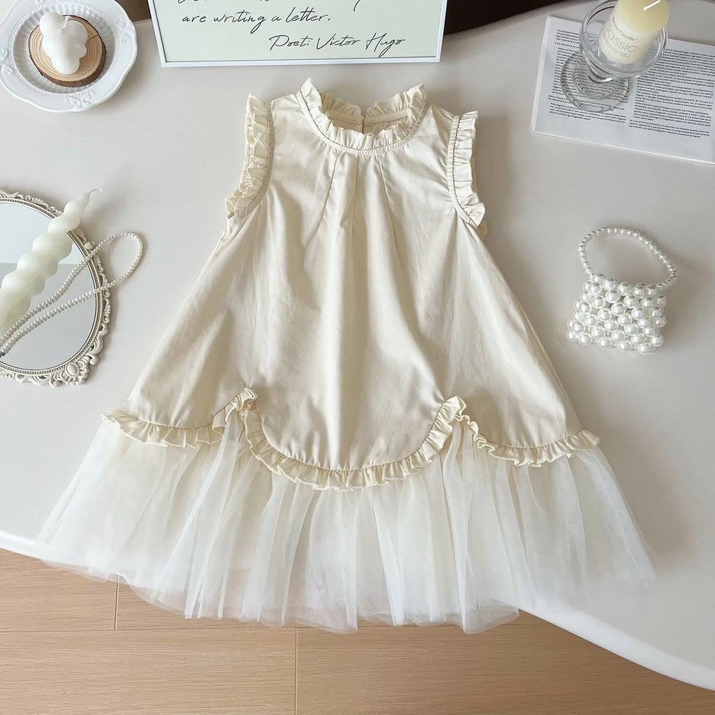 Girls sleeveless mesh princess dress in Korean style, apricot colour, summer wear, suspender design