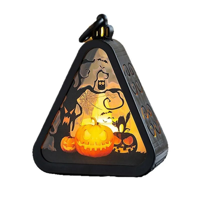 Halloween decoration set with pumpkin lamp, castle, witch and ghost hand props on display