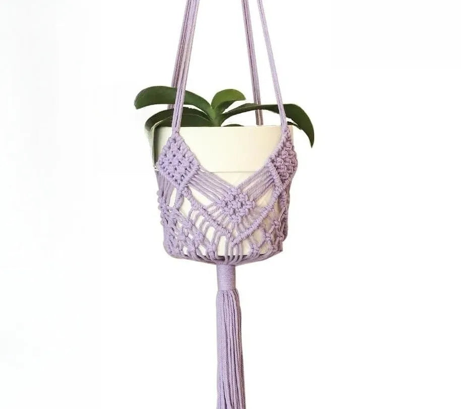 Hand-woven cotton polyester flower pot net with extension cord in a choice of seven colours.