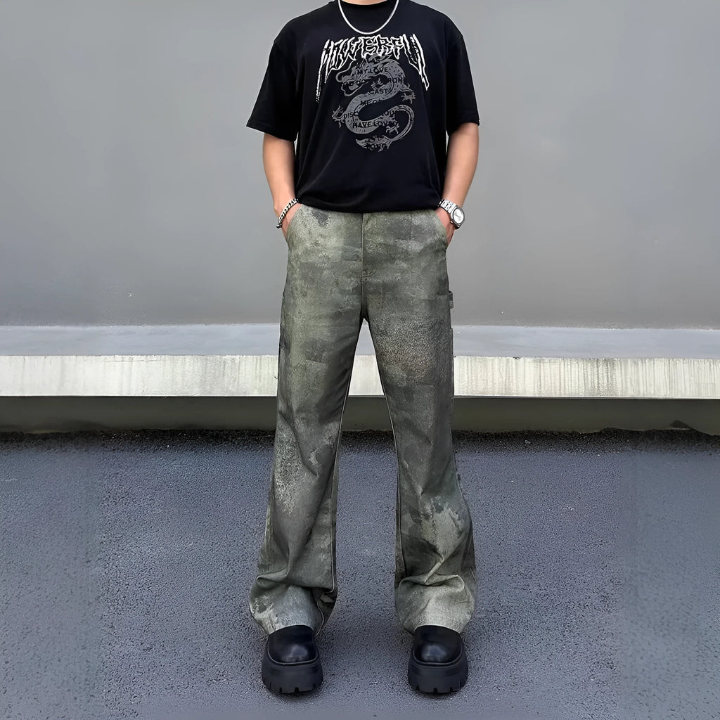 Men's straight-leg jeans with a retro camouflage pattern on blue cotton denim.