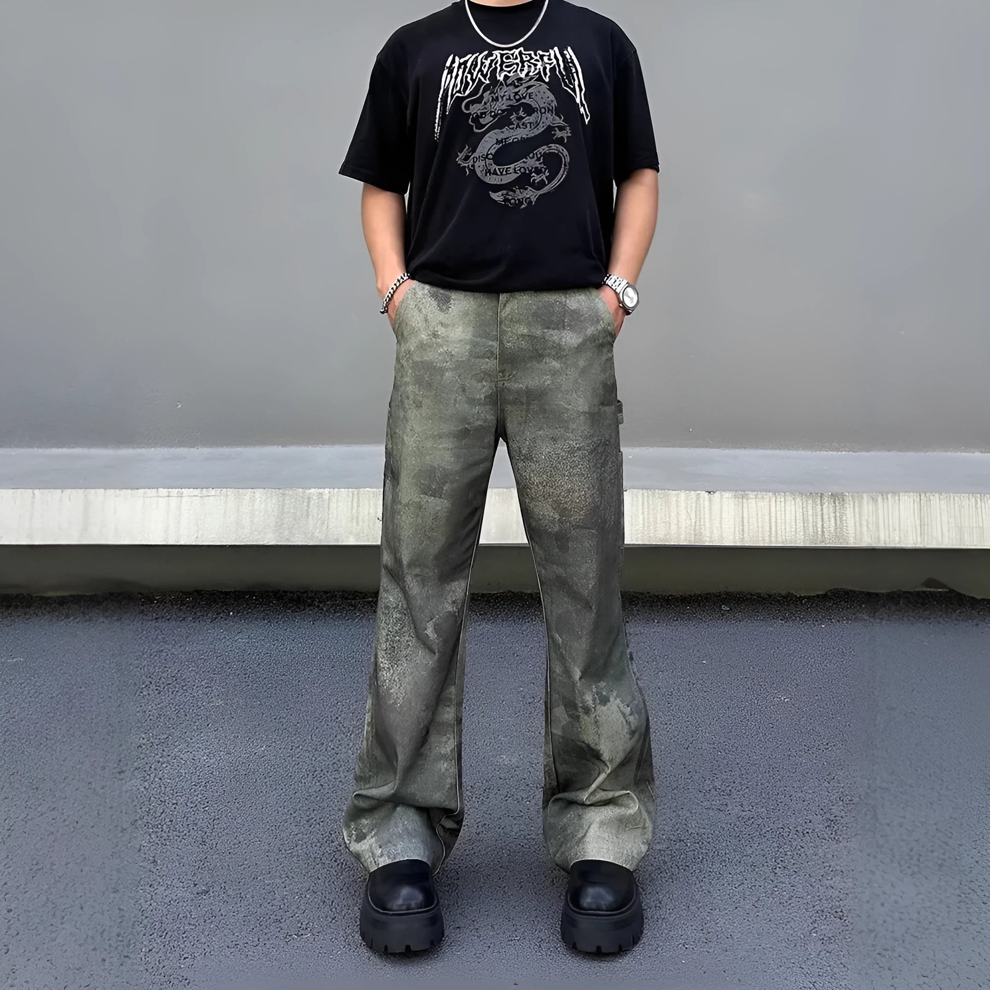 Men's straight-leg jeans with a retro camouflage pattern on blue cotton denim.