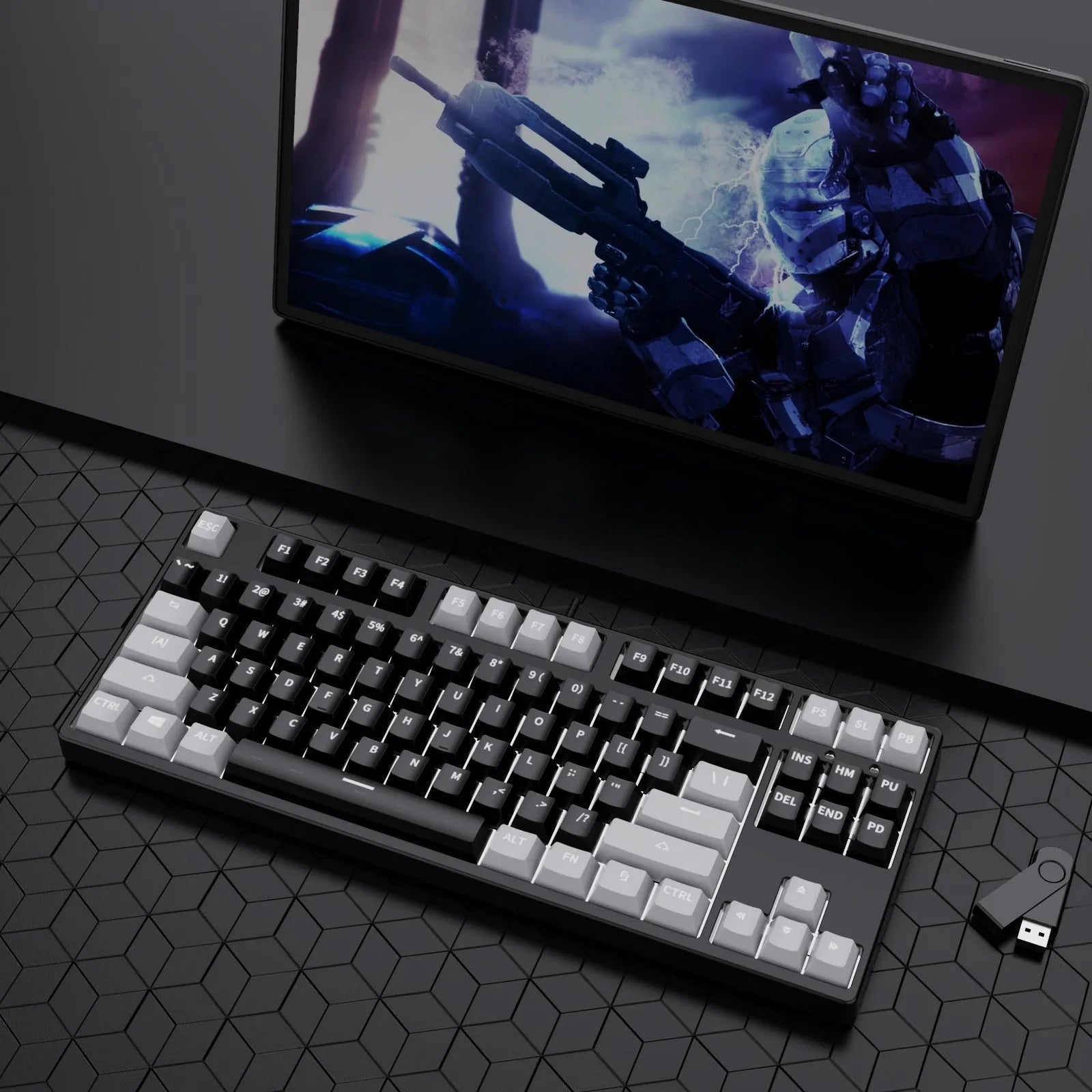 87-key tenkeyless mechanical keyboard in a dual-colour keycap design with metal frame