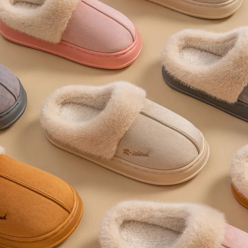 Fluffy couple slippers in pink and khaki with non-slip PVC sole and cloth upper for indoor home use