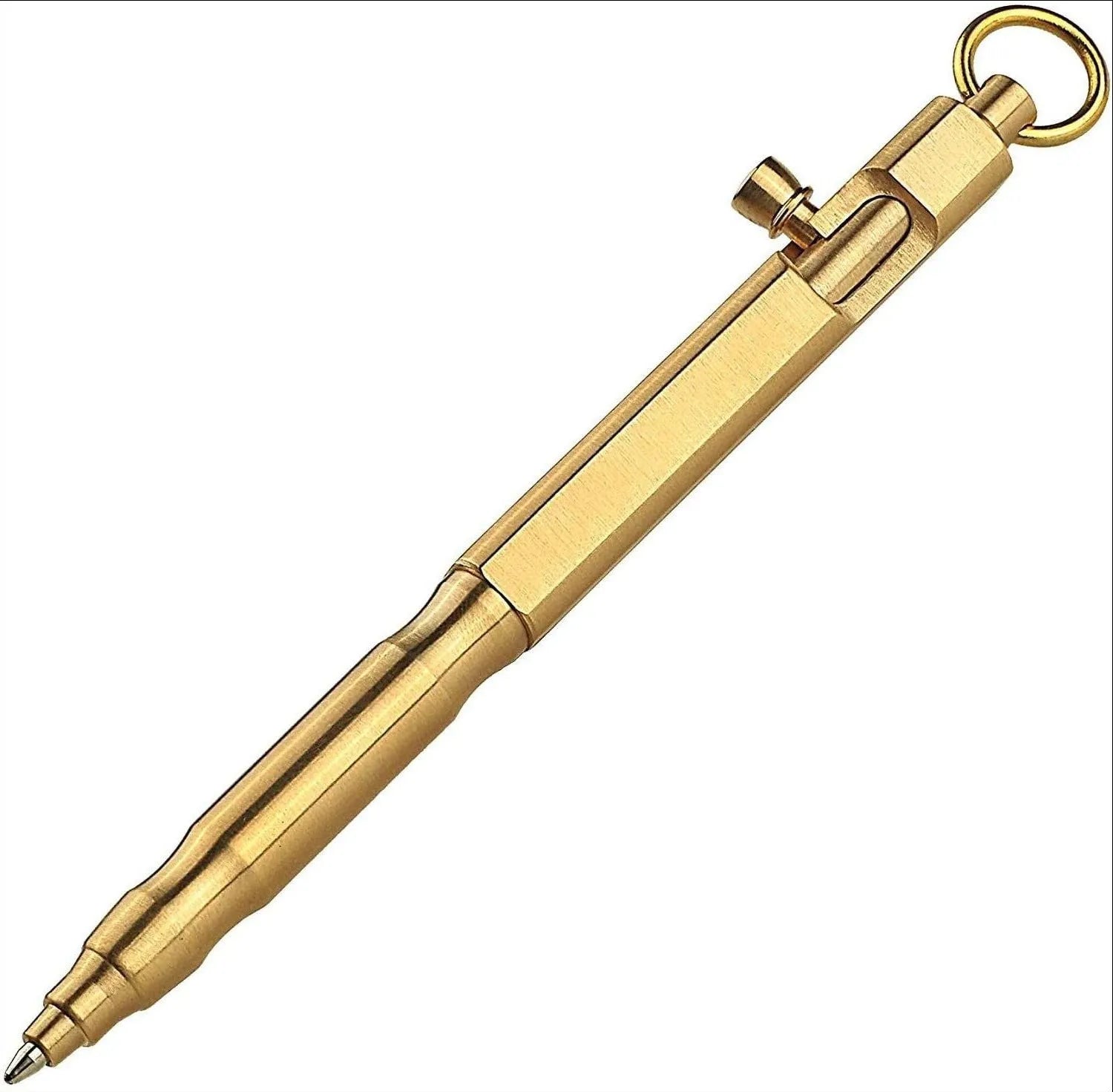 Brass tactical pen with hexagonal bolt design in natural brass colour or retro black finish