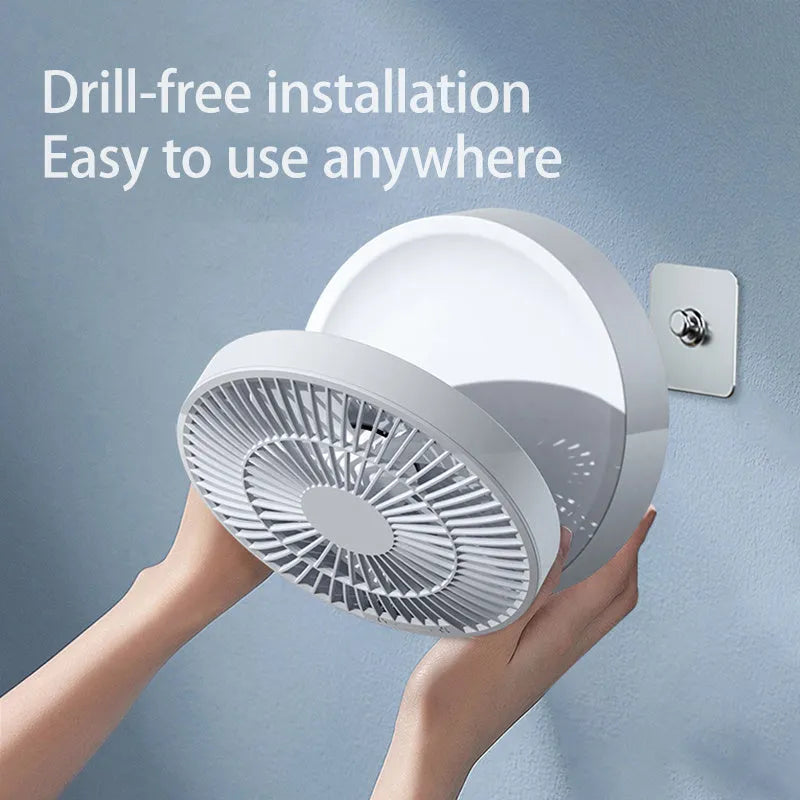 White portable rechargeable folding fan with remote control and night light on desktop