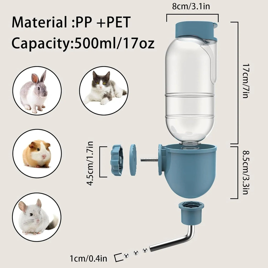 Small animal cage water bottle with rotating nozzle in blue, white or yellow