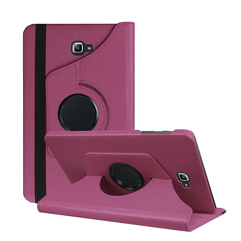 Rotating leather tablet case in clamshell design showing 360-degree mechanism and litchi grain texture