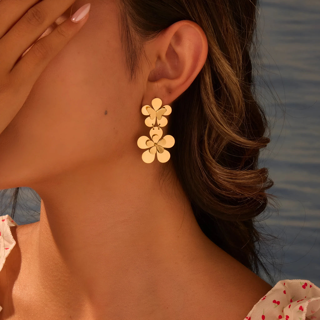 Gold flower butterfly stainless steel earrings for women with electroplated 18K finish