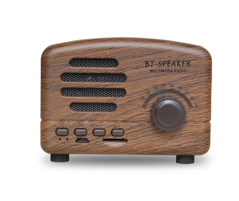 Vintage wood grain Bluetooth speaker in black, pink, and wood grain colours showing compact 93mm design