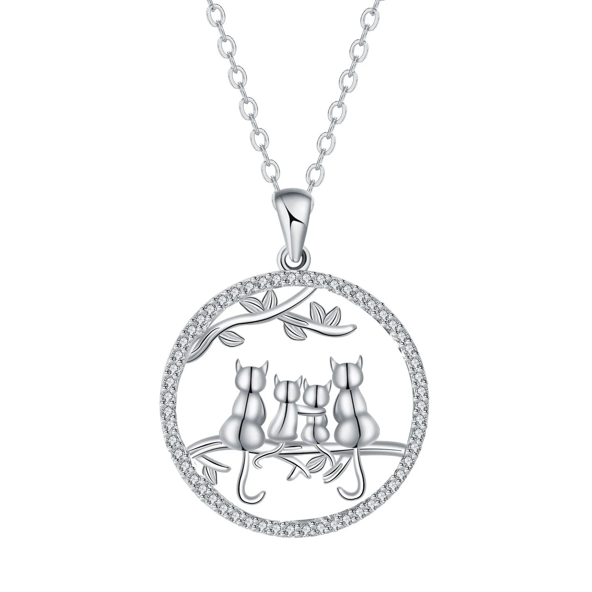 Women's copper necklace with a four kitten pendant on a cross chain, electroplated finish.