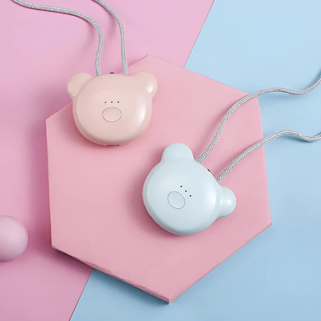 Mini USB portable air purifier necklace in collar design shown in blue, grey, pink and white colours.