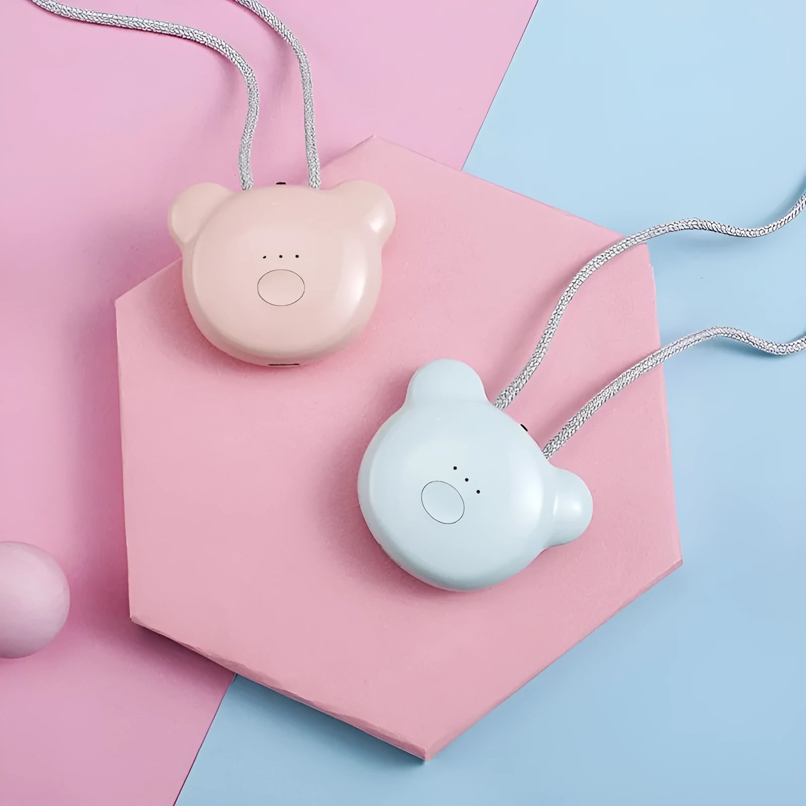 Mini USB portable air purifier necklace in collar design shown in blue, grey, pink and white colours.