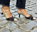 Women's apricot black colour block stiletto heel sandals with pointed toe and buckle fastening