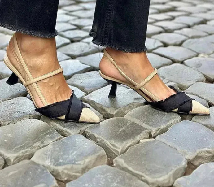 Women's apricot black colour block stiletto heel sandals with pointed toe and buckle fastening