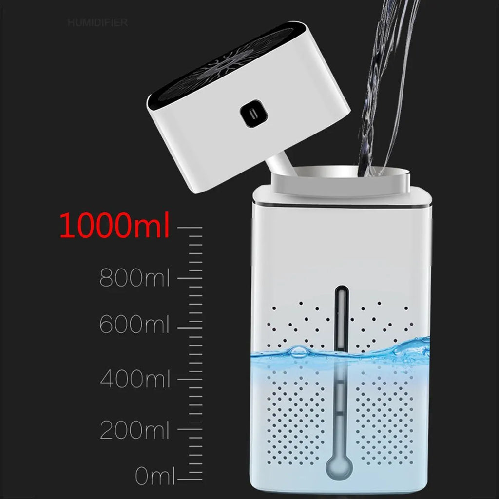 Black or white USB-powered desktop humidifier measuring 103x103x218mm with 1000ml capacity