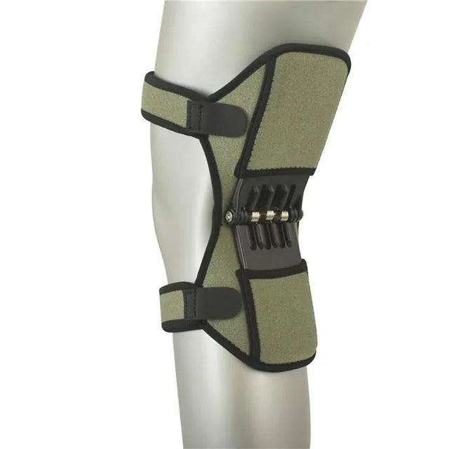 Black spring knee brace with adjustable straps on a grey background