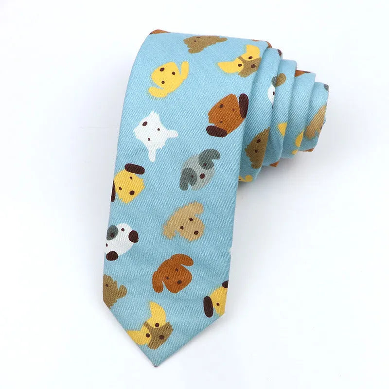 Narrow Korean-style cotton bow tie with a printed cartoon pattern.