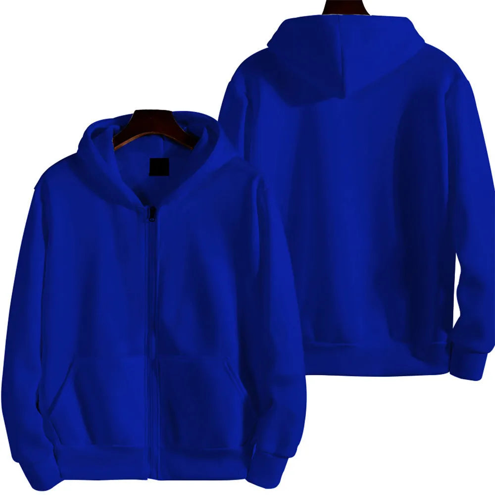 Man wearing a solid colour loose fit zip-up sports jacket.