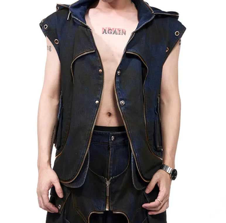 Blue deconstructed Korean-style hooded denim vest and matching trousers laid flat.