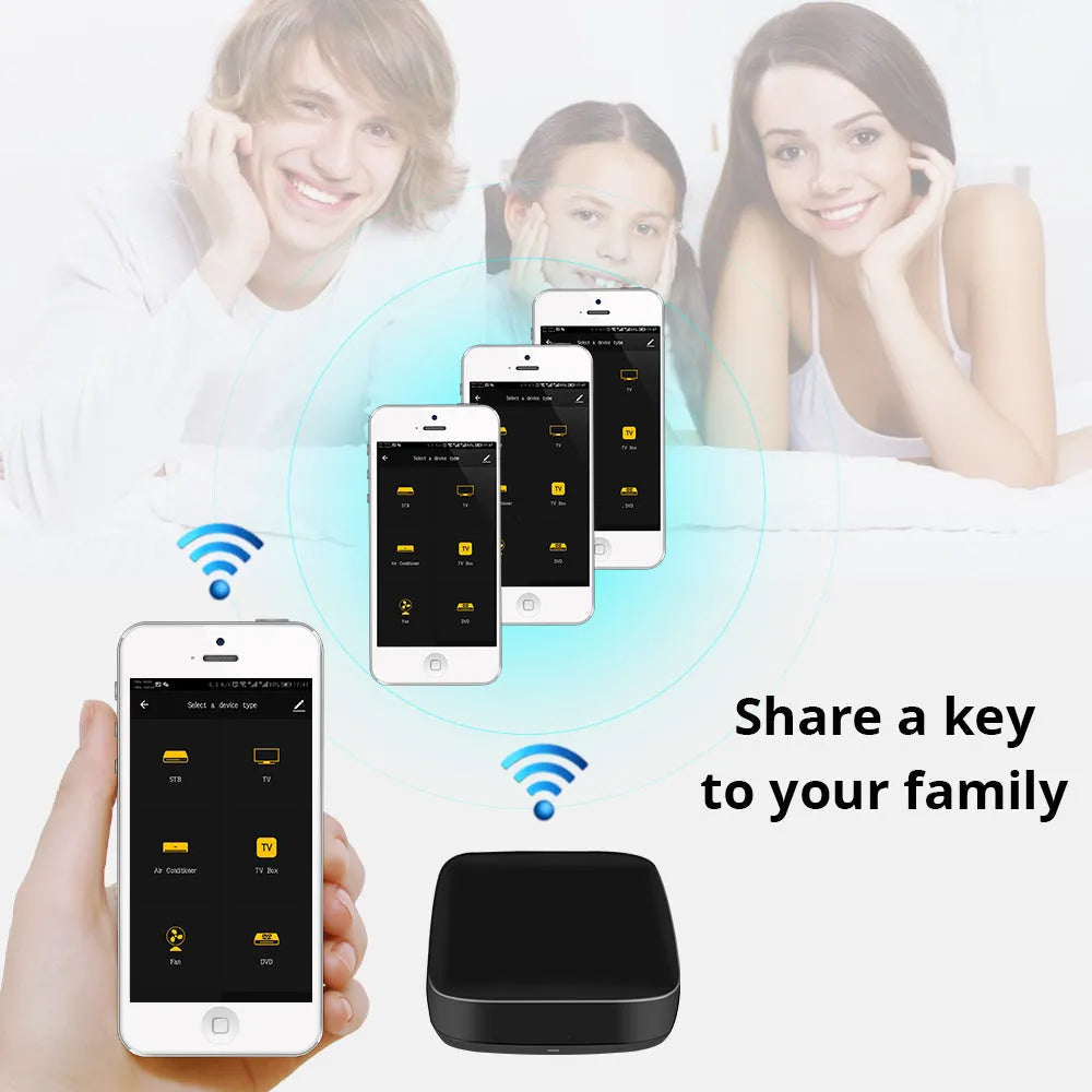 Black universal infrared remote control with voice control and WiFi connectivity features