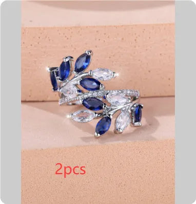 Adjustable copper leaf-shaped ring with zircon stones in multiple colour finish options
