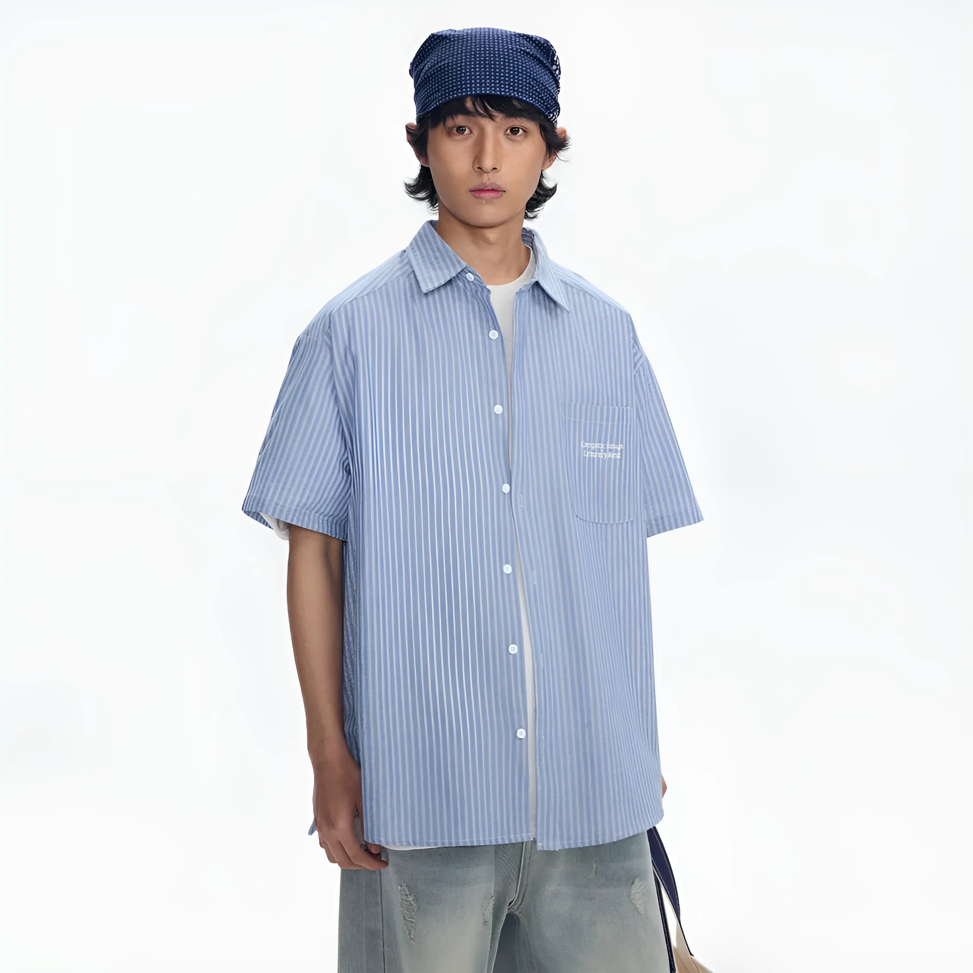 Blue striped short-sleeved overalls shirt for men and women in casual cardigan style