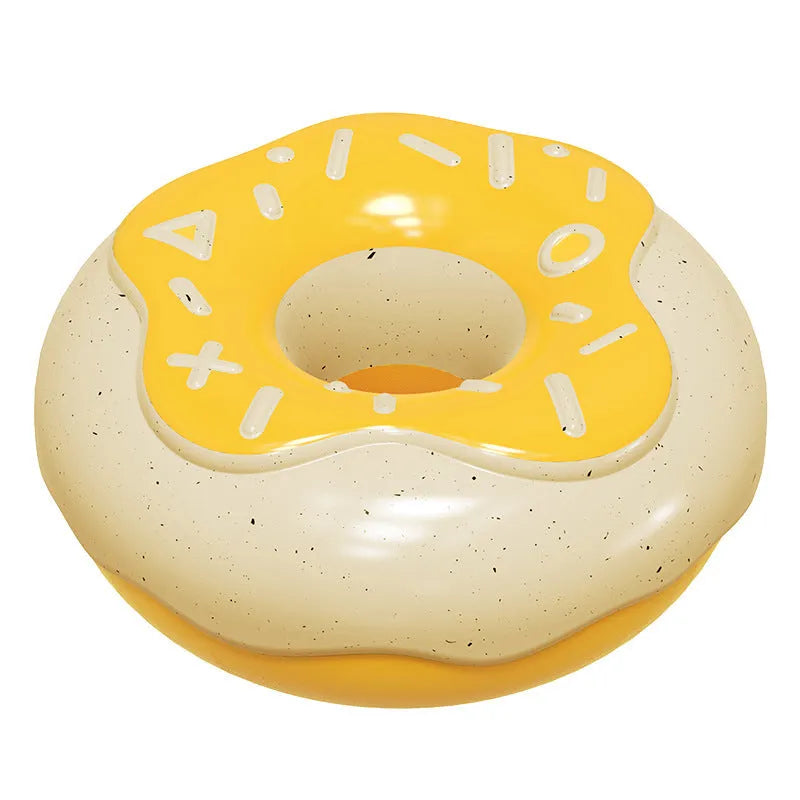TPR donut-shaped dog chew toy with squeaker for dental care in pink, chocolate or yellow colours