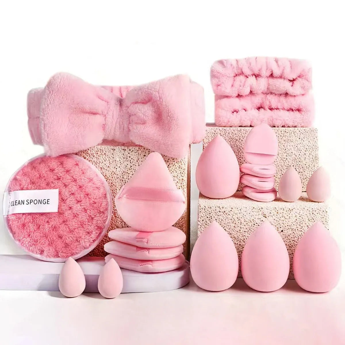 Beauty tools combination suit set with hydrophilic non-latex sponges in brown pink purple colour options