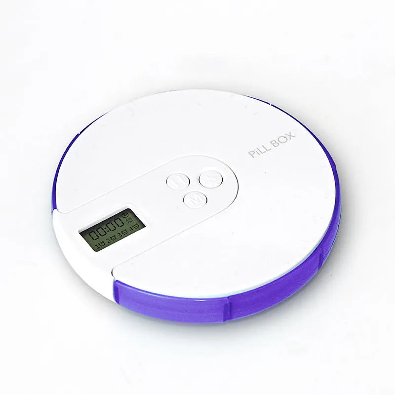 Seven-compartment electronic pill dispenser with alarm clock display, shown in blue.