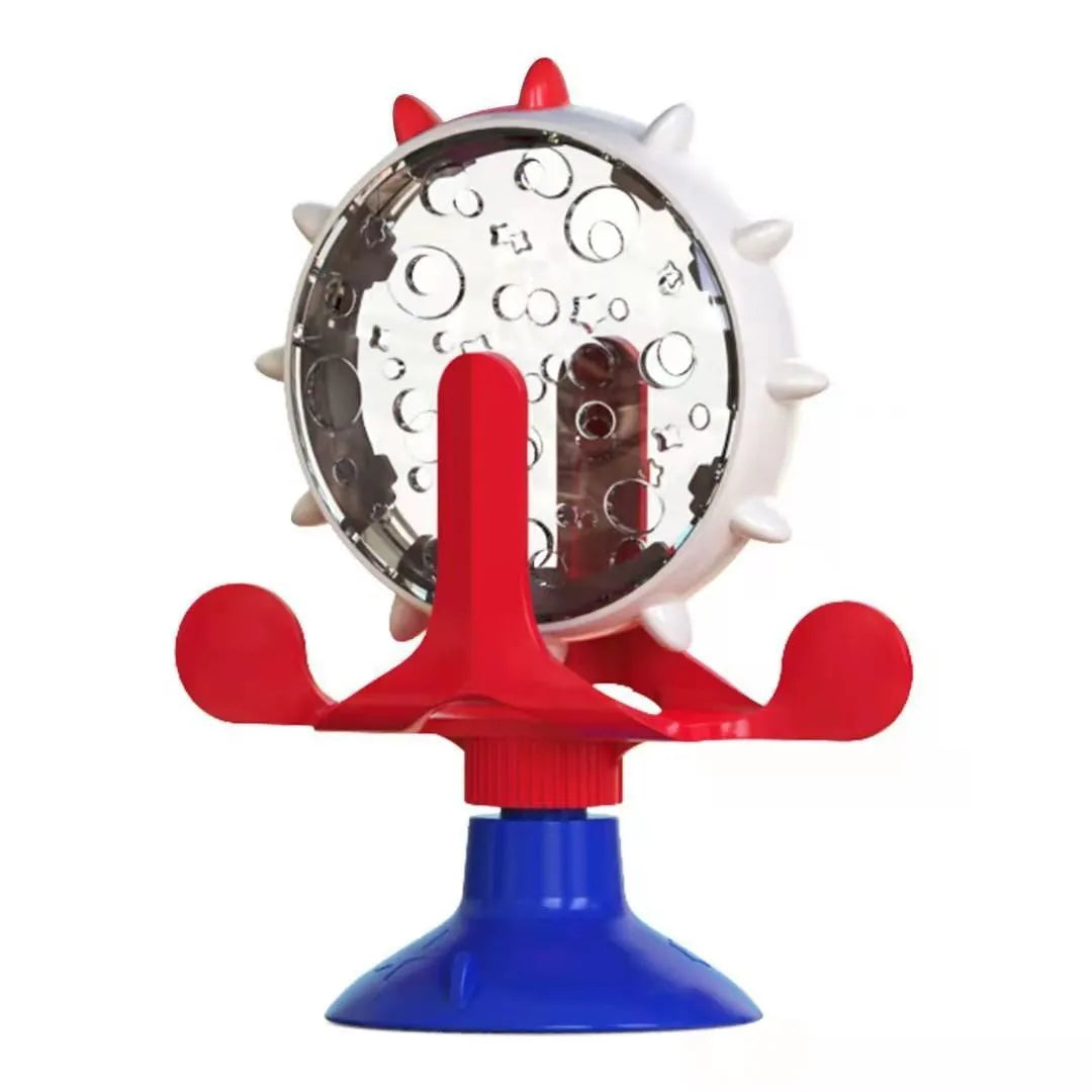 Interactive cat puzzle toy with rotating snack dispenser in blue, green, red, or yellow colours
