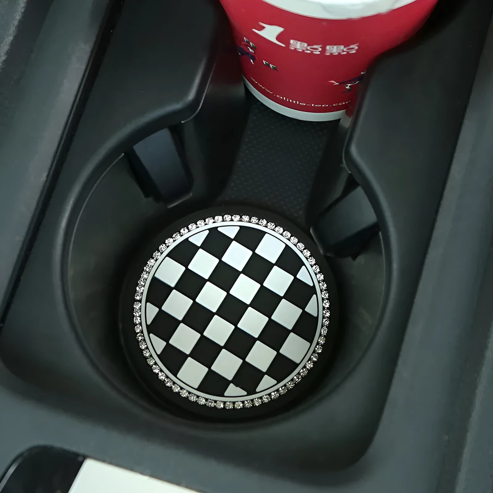 PVC car cup holder mat coaster in black and white checkerboard pattern for interior protection