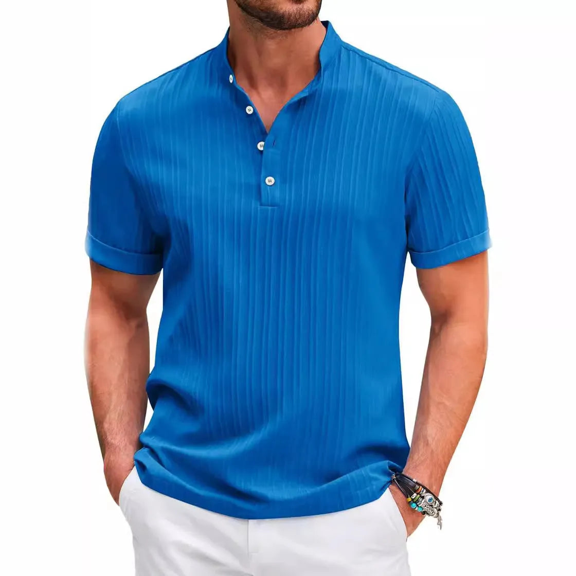 Men's stand collar short sleeve polo shirt in solid colour, loose fit, summer beach top