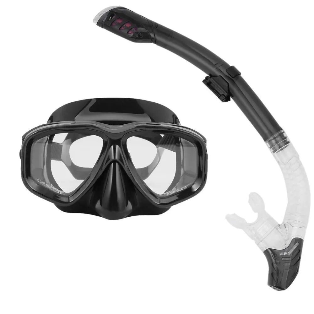 Anti-fog diving mask with PC frame and silicone strap in black, blue, pink or yellow, shown with a test tube.