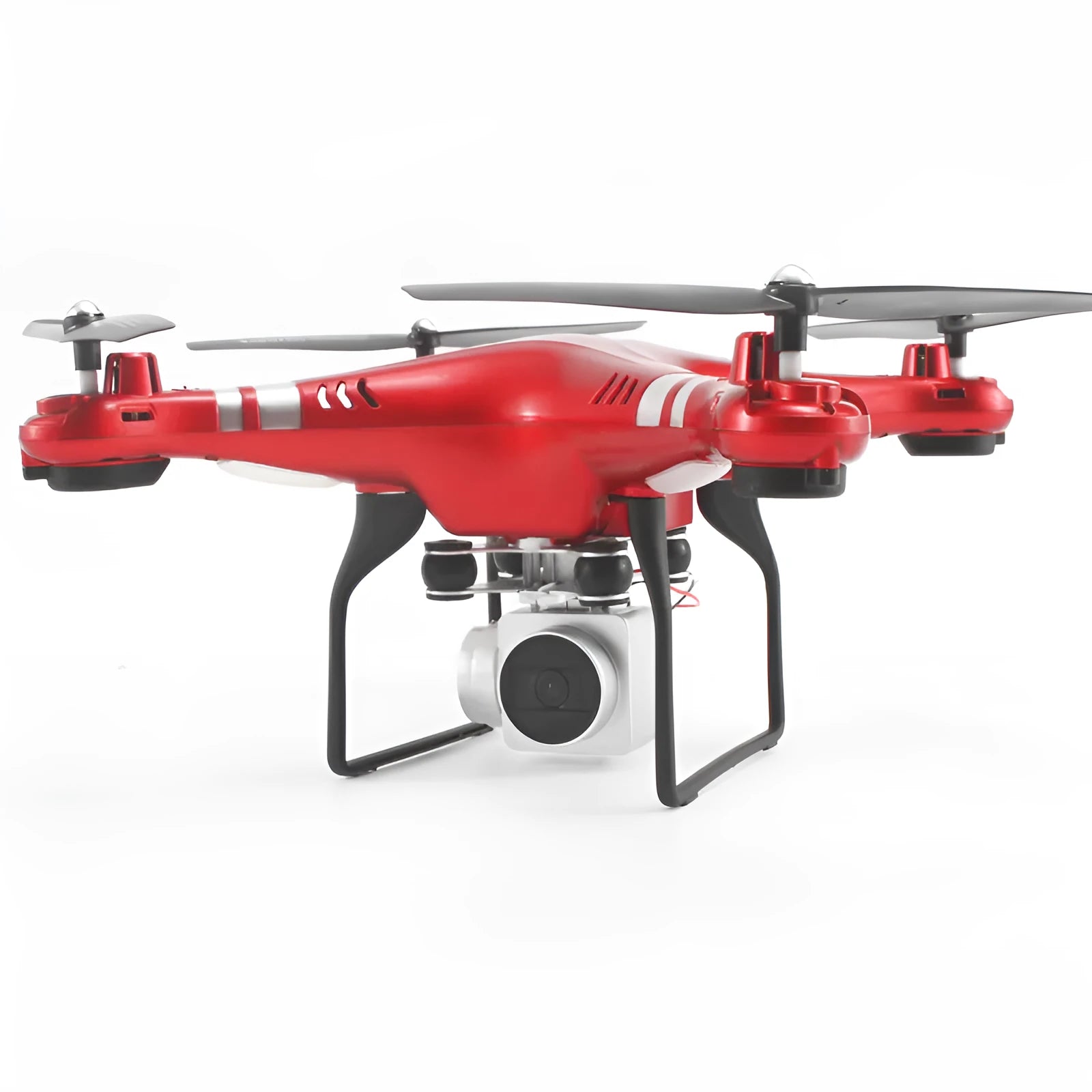 Black alloy HD aerial photography drone with remote control handle in flight.
