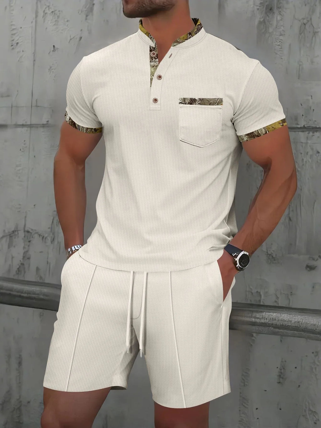 Men's grey cotton blend summer suit set with polo collar top and matching shorts