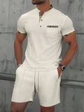 Men's grey cotton blend summer suit set with polo collar top and matching shorts