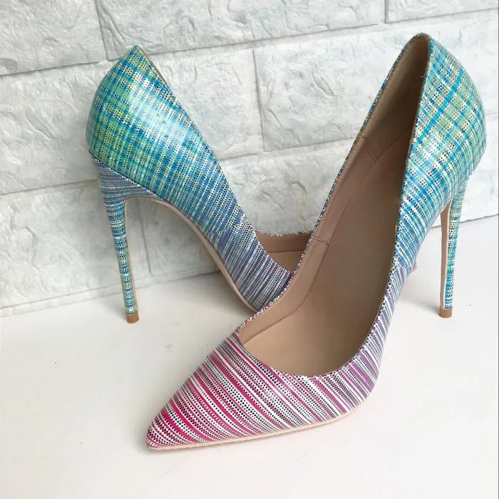 Pink blue gradient patent leather ladies heels with pointed toe and super high heel
