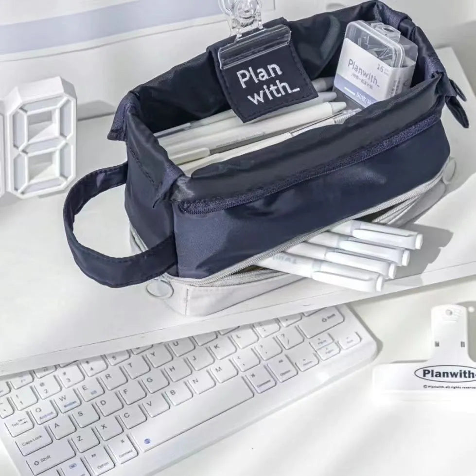 Polyester folding double-layer pencil case in dark blue, blue, and cream white colour options