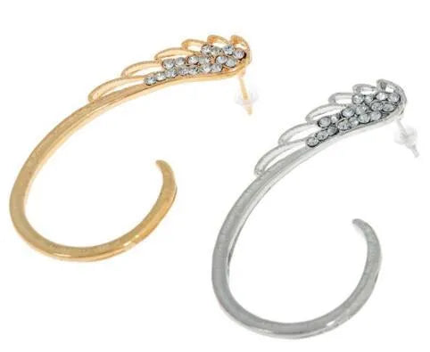 Feather clip-on punk stud earrings in gold and silver teardrop shape for women