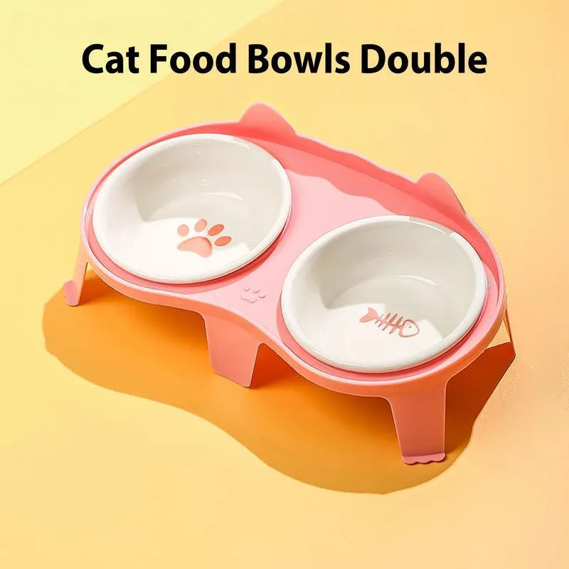 Ceramic cat food and water bowl set on tilted elevated stand in blue, pink, white or yellow colours
