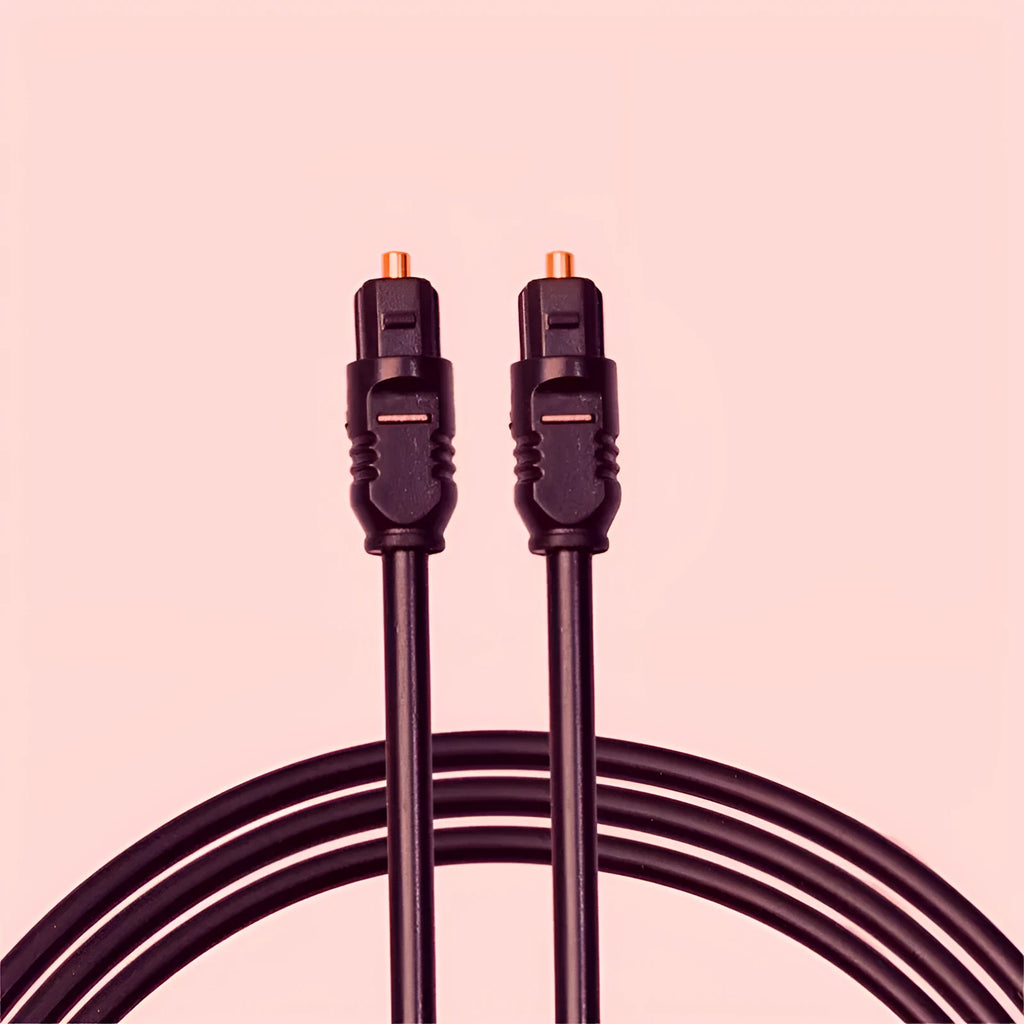 Black Toslink fibre optic audio cable with square connectors showing 2 metre length