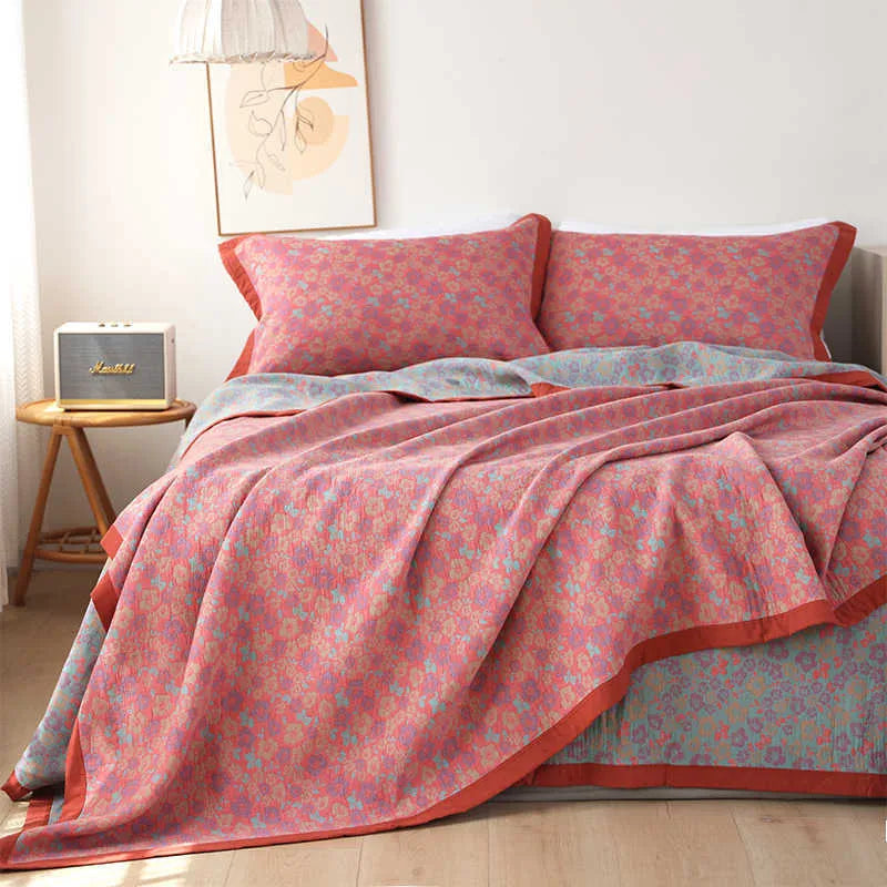 Cotton gauze blanket and pillowcase set with floral pattern in three size options