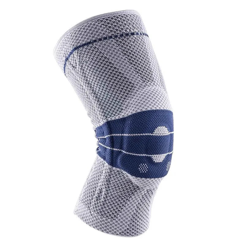Black and blue adult sports knee pad for basketball and running, made of nylon and spandex.