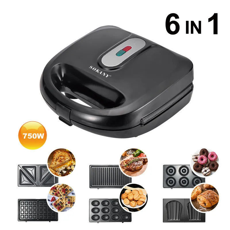 Black electric sandwich pan with stainless steel cover and non-stick baking surface