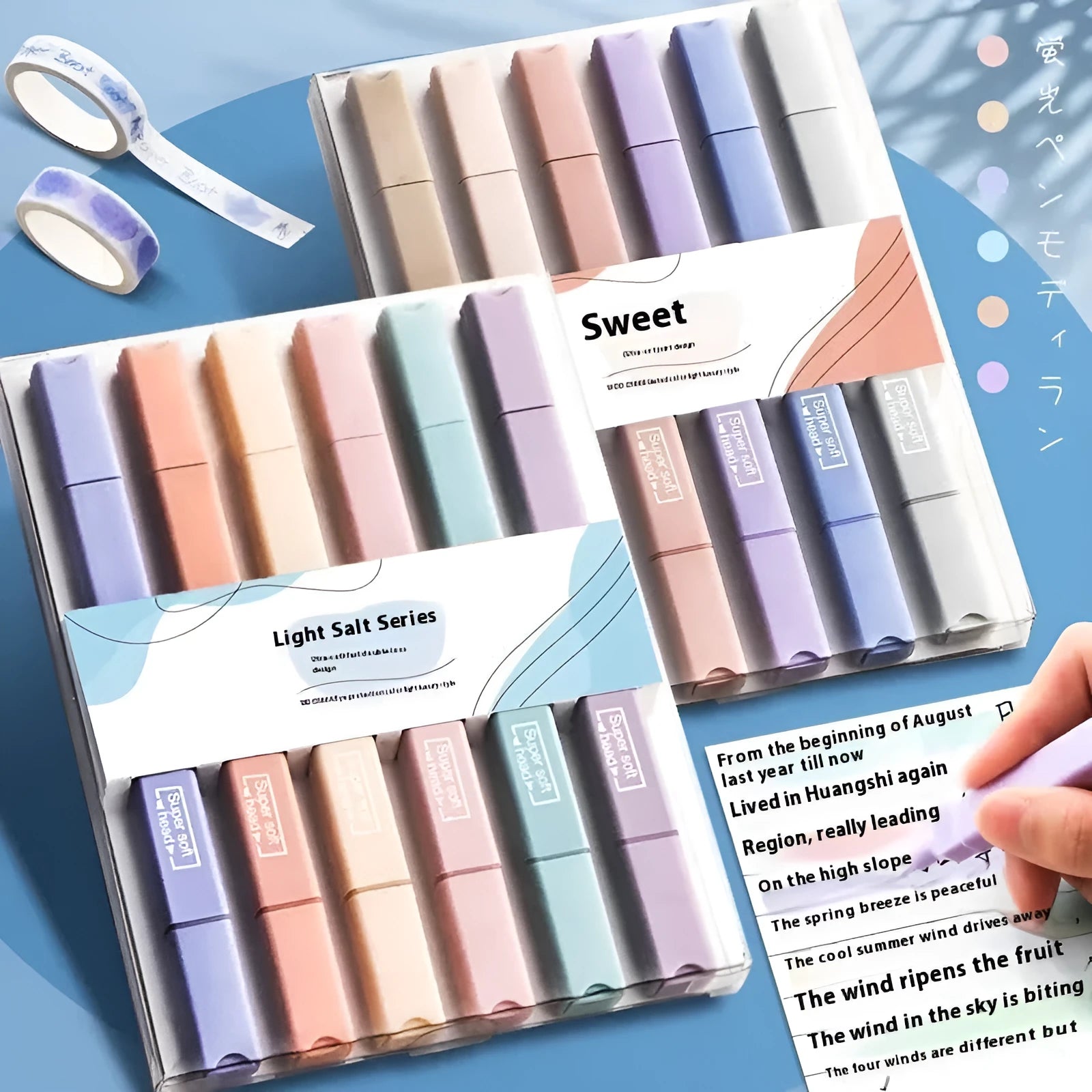 Set of double-ended fluorescent marker pens showing fine fibre tip and broad chisel tip ends